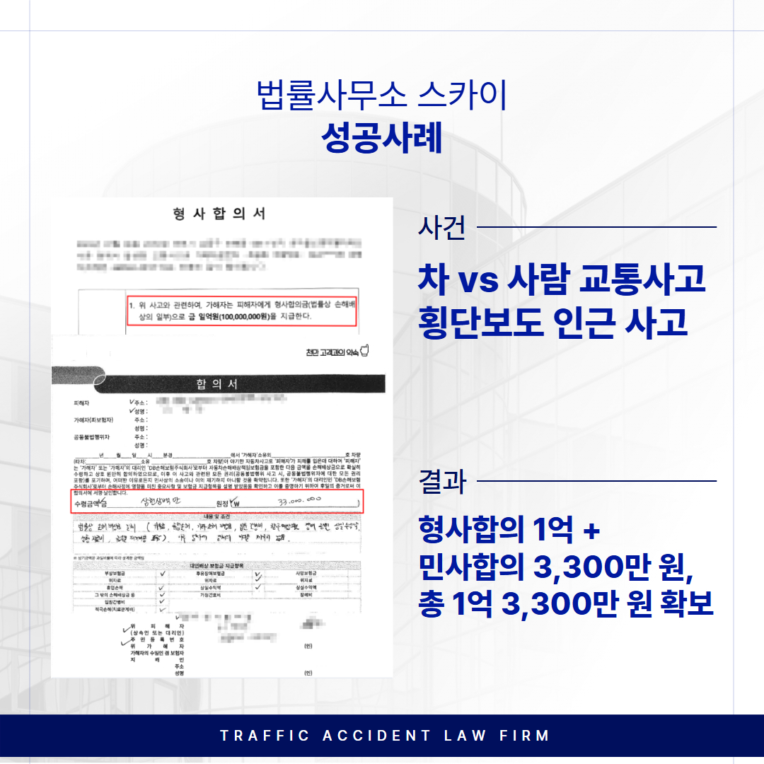 횡단보도 교통사고, ‘형사합의 1억 + 민사합의 3,300만 원, 총 1억 3,300만 원 확보’ 받은 사례