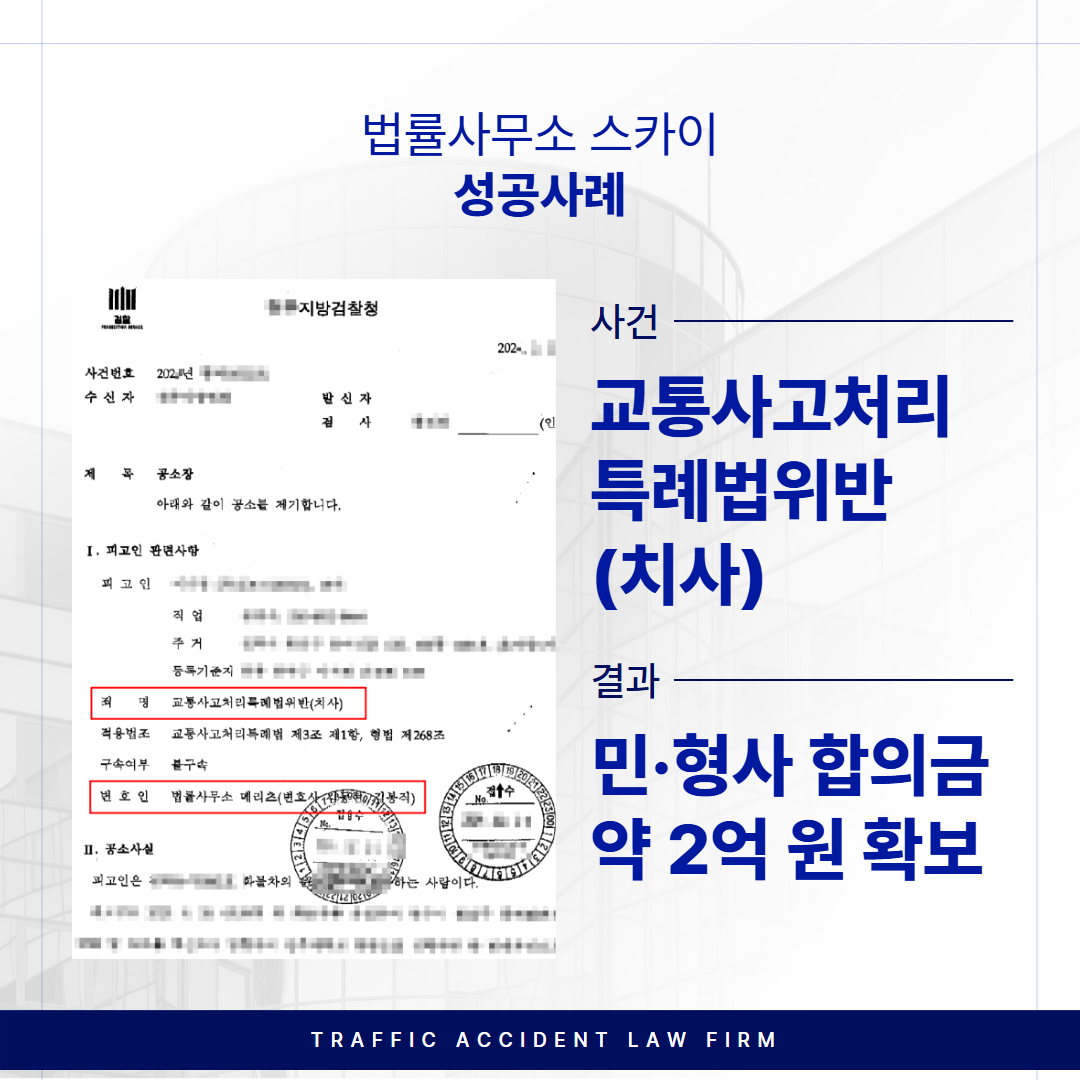 교통사고처리특례법위반, ‘민·형사 합의금 약 2억 원 확보’ 받은 사례